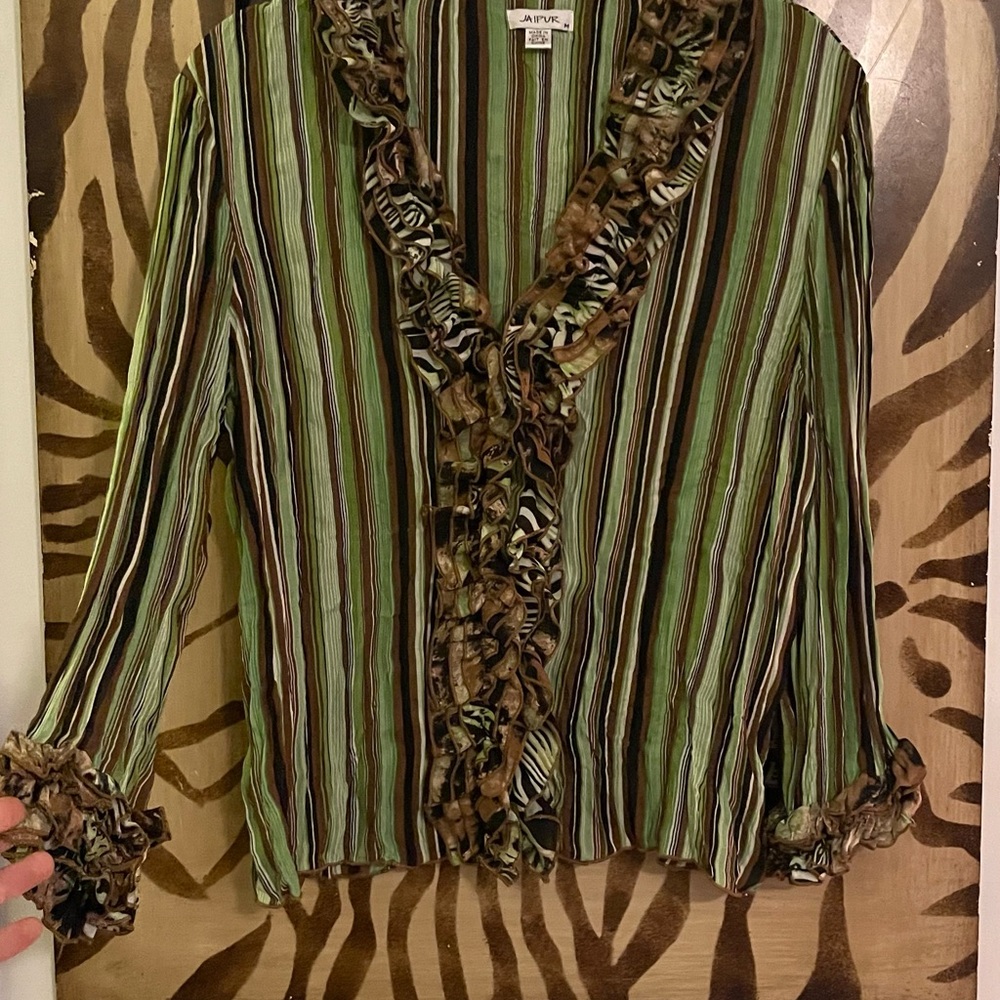 Jaipur Green and Brown Striped Ruffle Blouse